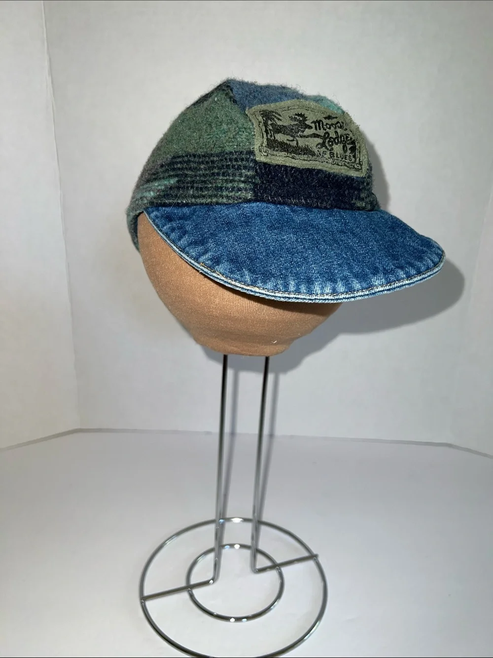S F Blues Vintage Patchwork Wool and Denim Cap with Logo Patch - Green/Blue